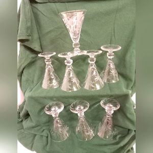 7 Vintage Duncan & Miller Crystal W/Frosty Etchings 2 oz Shot Stem Glasses